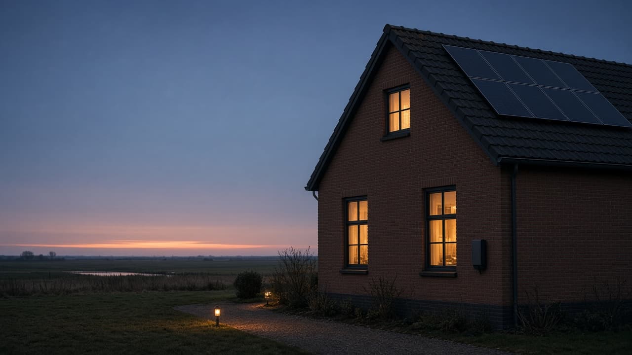 Bakstenen huis in de schemer, met warme ramen, padverlichting, laadpaal en zonnepanelen